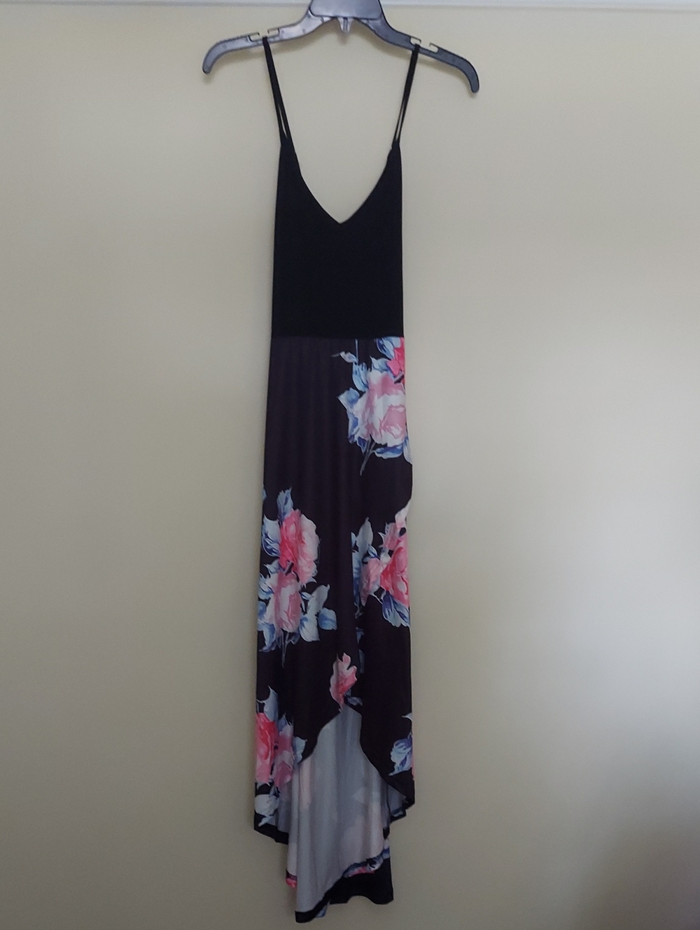Floral High-Low Maxi Dress with Spaghetti Straps - Black/Pink